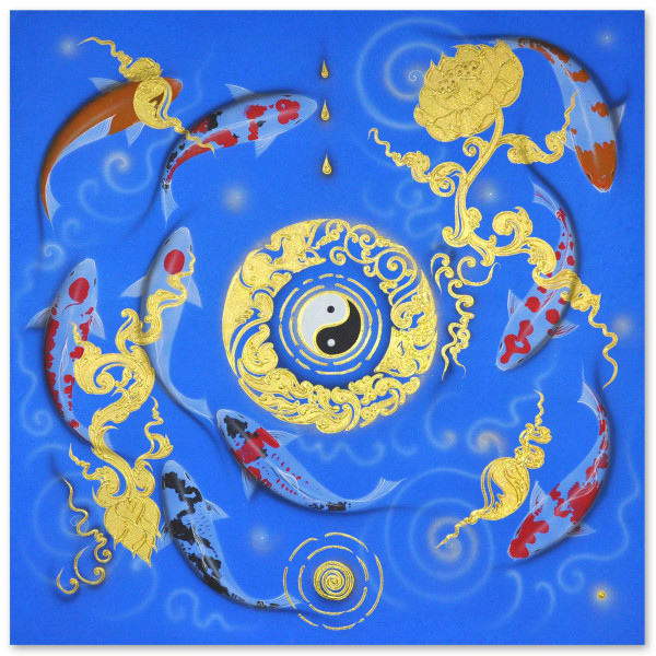 XXL painting 1,5 m x 1,5 m Yin Yang Koi Nishikigoi, real acrylic painting on canvas, unique