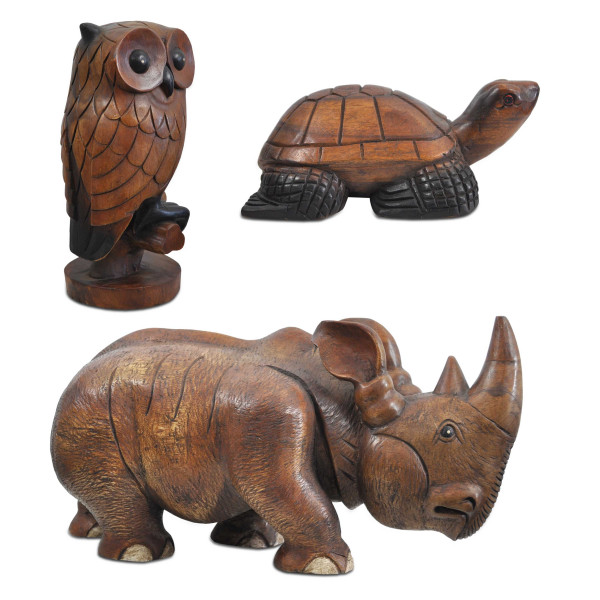 Figurine animale au choix tortue rhinocéros cornes hibou, en bois sculpté à la main, unique