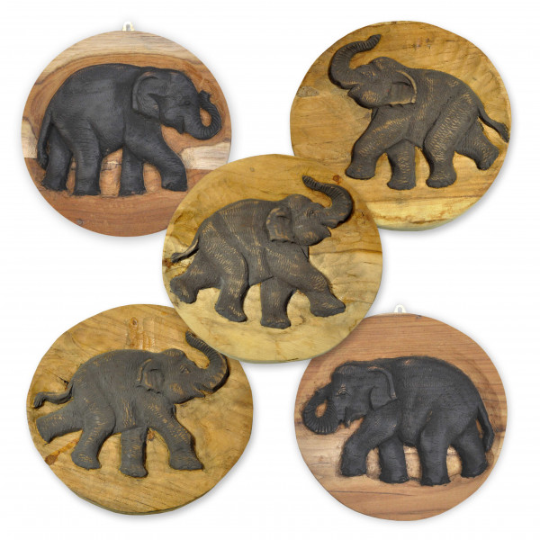 Tableau d'éléphant en bois fait à la main, diamètre 20 cm