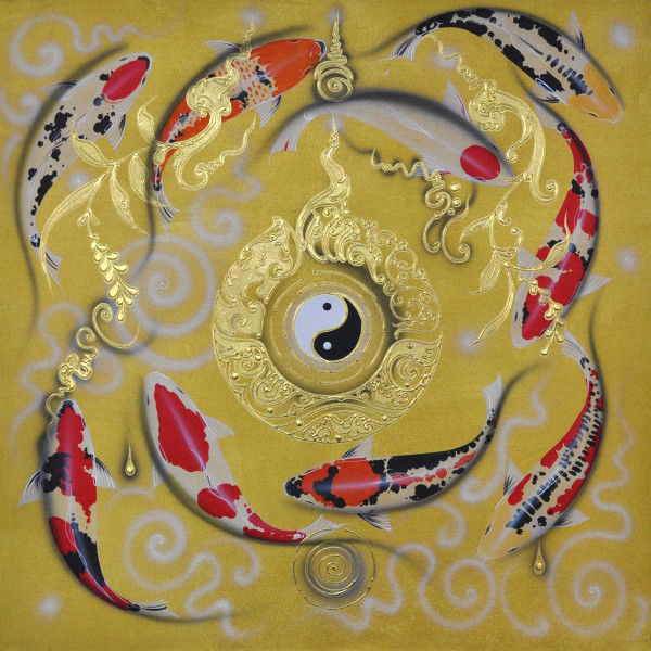 Tableau XXL 1,2 m x 1,2 m Yin Yang Koi Nishikigoi, réelle peinture acrylique sur toile, unique