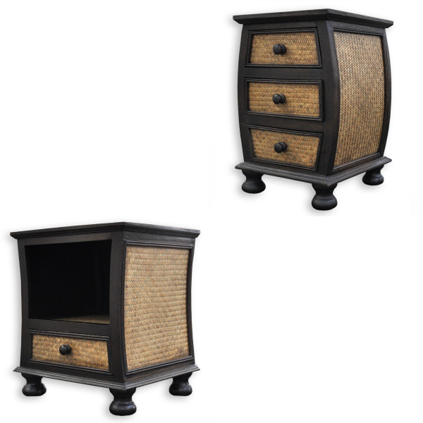 Small wooden and rattan chest of drawers and bedside tables